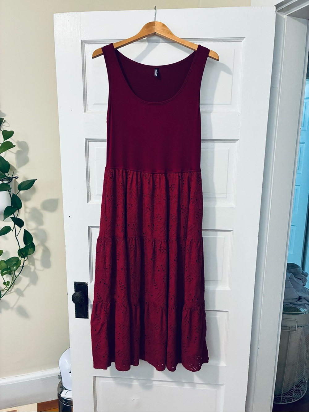 Sleeveless Burgundy Tiered Eyelet Midi Dress